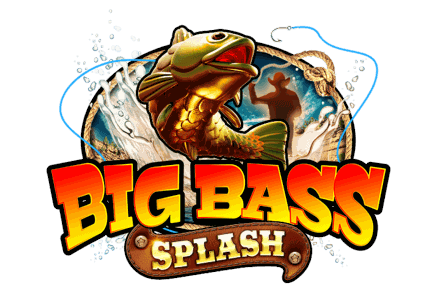 Fisherman mascot with cowboy hat holding a fishing rod beside the Big Bass Splash logo, canyon and turquoise water at dusk