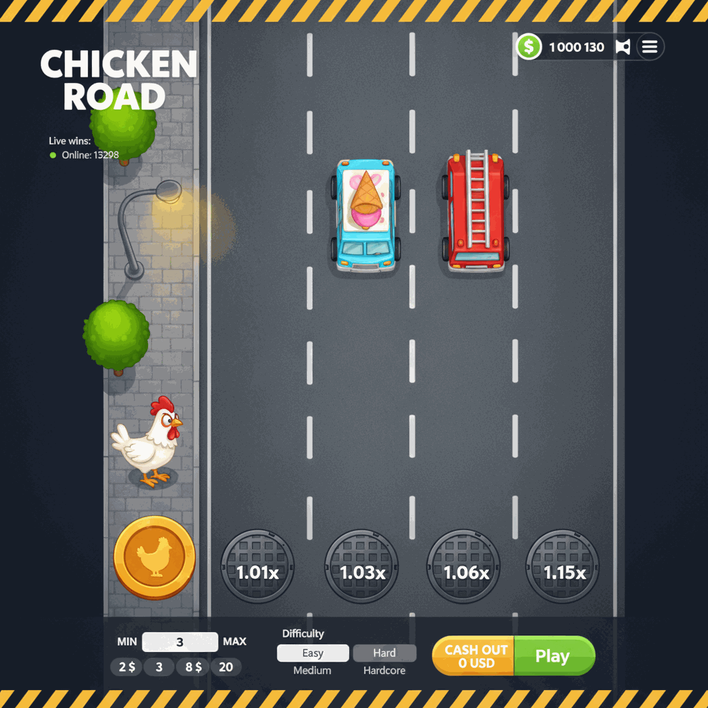 Chicken Road game interface showing a cartoon chicken character at the starting position on an urban sidewalk, preparing to cross a multi-lane road with visible traffic lanes, white dashed dividers, and circular manhole covers displaying multiplier values for each lane crossed